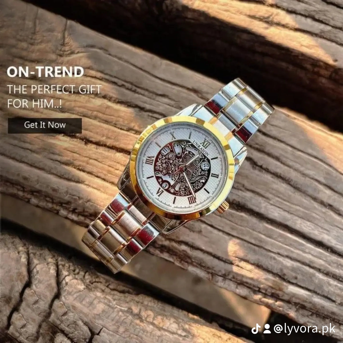Unraion Skeleton Watch Stainless Steel Gold Accents