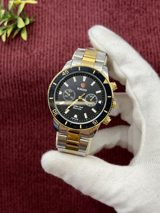 Stainless Steel Chronograph Watch Black Dial Gold Strap.