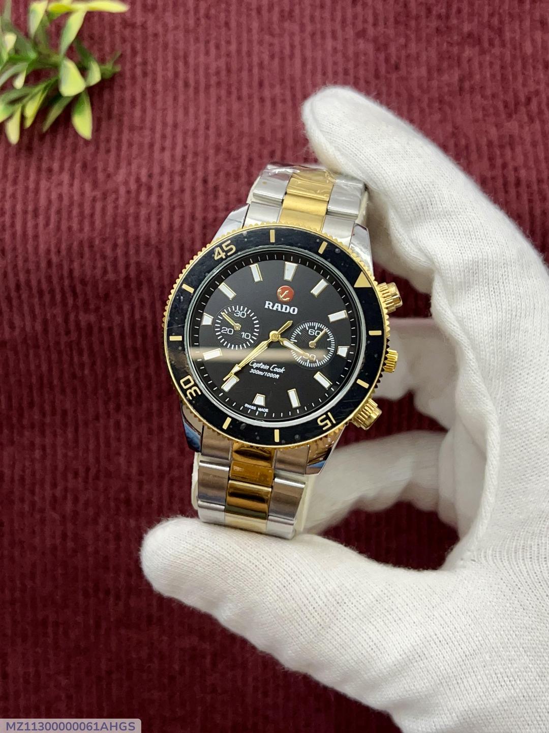 Stainless Steel Chronograph Watch Black Dial Gold Strap.