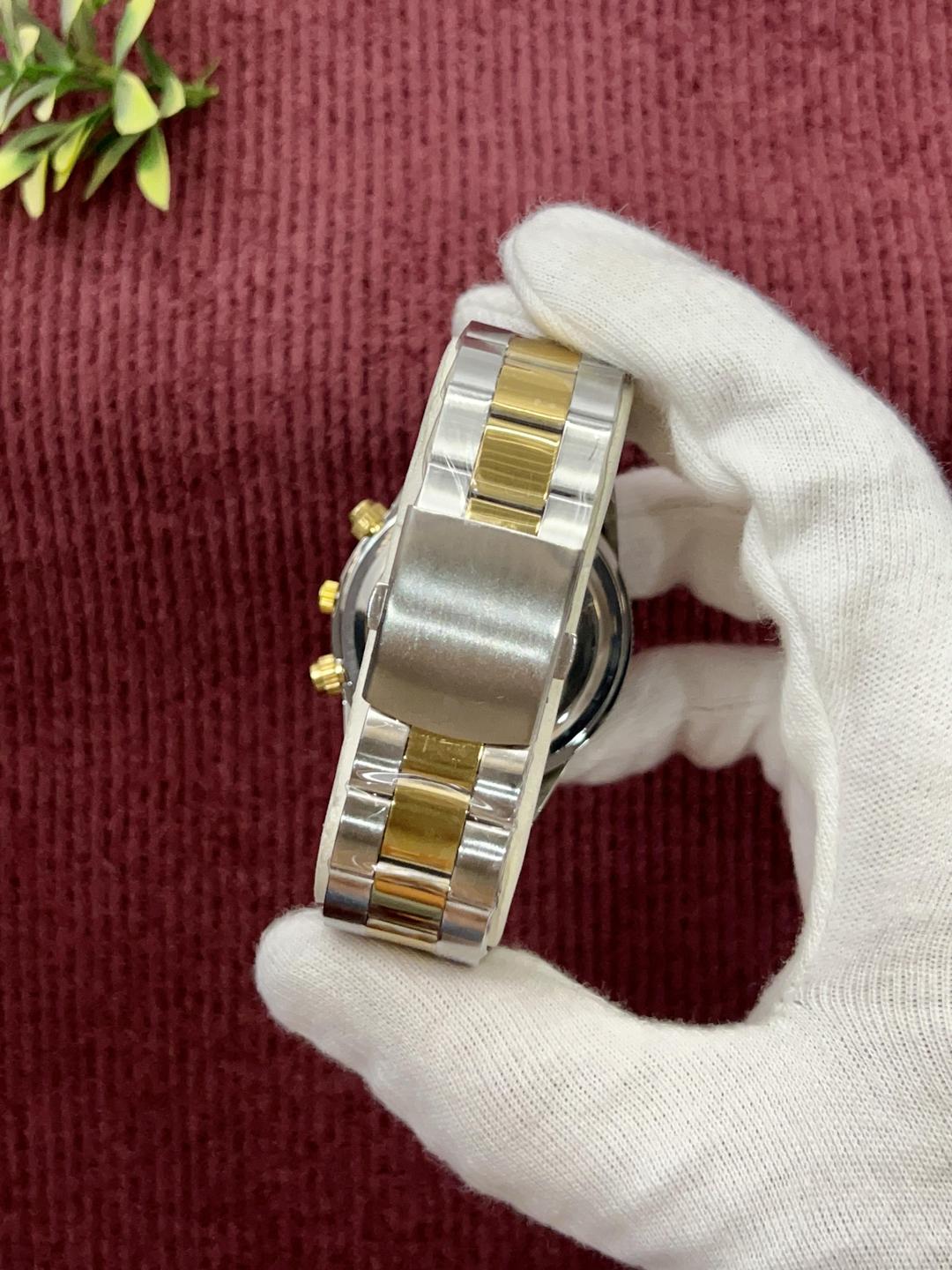 Stainless Steel Chronograph Watch Black Dial Gold Strap.