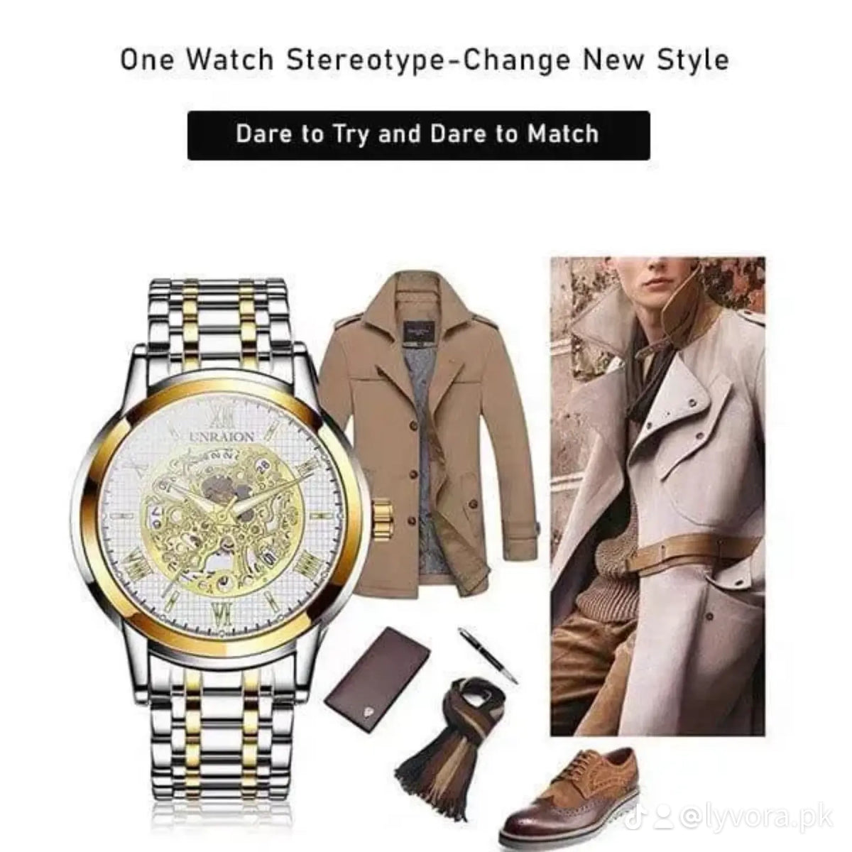 Unraion Skeleton Watch Stainless Steel Gold Accents